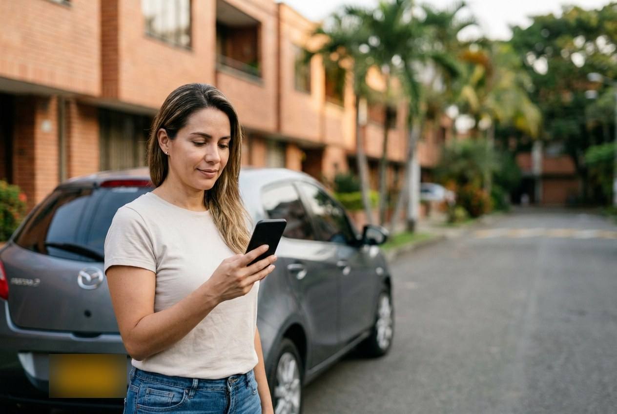 Una mujer revisa su celular junto a su carro, en una calle de Medellín