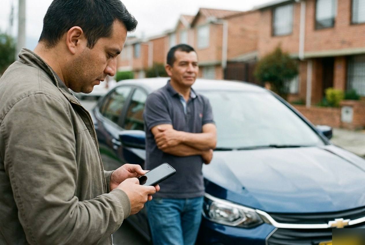 Un comprador revisa su celular frente a un carro usado mientras el vendedor espera